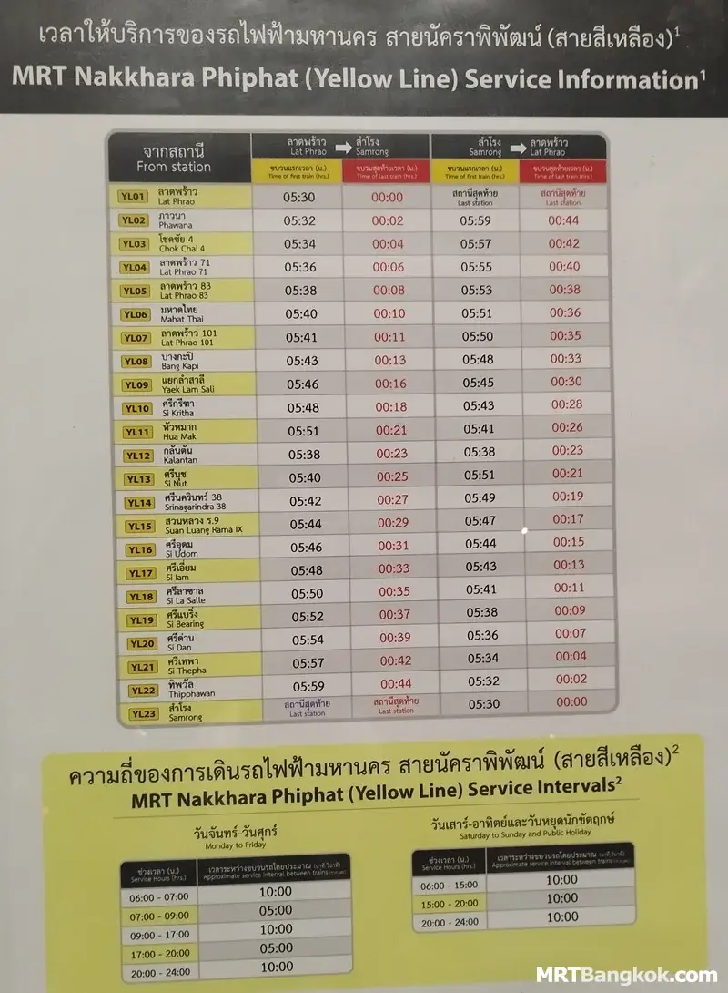 Bangkok MRT Yellow Line Timetable